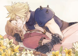  1boy 1girl aerith_gainsborough ancotsubu armor bangle belt black_gloves blonde_hair blue_shirt bracelet braid braided_ponytail brown_belt brown_hair choker closed_eyes cloud_strife couple dress earrings final_fantasy final_fantasy_vii final_fantasy_vii_remake flower flower_choker gloves hair_between_eyes hair_ribbon hand_in_another&#039;s_hair hand_on_another&#039;s_chest hetero highres jacket jewelry kiss lily_(flower) long_hair parted_bangs pink_dress pink_ribbon red_jacket ribbon shirt short_hair short_sleeves shoulder_armor sidelocks single_bare_shoulder single_braid single_earring sleeveless sleeveless_turtleneck spiked_hair suspenders toned toned_male turtleneck upper_body wavy_hair yellow_flower  rating:Sensitive score:16 user:danbooru