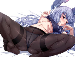  10s 1girl bed_sheet black_panties black_pantyhose blunt_bangs blush breasts brown_eyes clothes_lift colored_eyelashes covered_erect_nipples crotch_seam foreshortening hair_tie headgear kantai_collection lifting_own_clothes long_hair looking_at_viewer lying medium_breasts murakumo_(kancolle) navel nipples no_bra nose_blush on_back one_breast_out panties panties_under_pantyhose pantyhose shiny_skin shirt shirt_lift short_sleeves silver_hair simple_background soles solo spread_legs stomach taut_clothes taut_shirt thighband_pantyhose tsurime underwear very_long_hair white_background yukimasa_(nkk145)  rating:Questionable score:53 user:danbooru