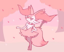  1girl animal_ear_fluff animal_ears animal_feet animal_nose black_fur blush body_fur braixen cherry_blossoms choker closed_mouth creatures_(company) day female_focus flat_color fox_ears fox_girl fox_tail full_body furry furry_female game_freak gardear058 gen_6_pokemon hand_on_own_hip hand_up happy jaggy_lines light_blush looking_at_viewer multicolored_fur nintendo outdoors petals pokemon pokemon_(creature) red_choker red_eyes smile snout solo standing stick tail tree white_fur yellow_fur 