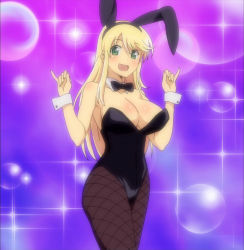  10s 1girl animal_ears armpits bare_shoulders blonde_hair blush bow bowtie breasts rabbit_ears playboy_bunny cleavage detached_collar fake_animal_ears female_focus fishnet_pantyhose fishnets green_eyes happy highres huge_breasts katsuragi_(senran_kagura) leotard long_hair looking_at_viewer open_mouth pantyhose screencap senran_kagura smile solo sparkle standing stitched thighhighs third-party_edit wrist_cuffs  rating:Questionable score:100 user:goldoa