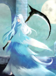  1girl arch astronotus barefoot dark_souls_(series) dark_souls_i dragon_girl dragon_horns dragon_tail dress expressionless from_side from_software full_body full_moon green_eyes holding holding_weapon horns long_hair looking_at_viewer looking_back looking_to_the_side moon priscilla_the_crossbreed scythe snowing solo standing tail weapon white_dress white_hair wide_sleeves 