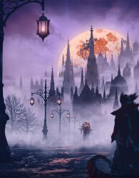  2others absurdres amygdala_(bloodborne) bare_tree bloodborne cloud coat glowing glowing_eyes hat highres holding holding_weapon hunter_(bloodborne) lamppost monster moon multiple_others night outdoors renekovacart saw saw_cleaver standing tree tricorne weapon winter_lantern 