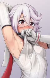  1girl alfort_(may0508) arm_behind_head armpits blush bodysuit breasts closed_mouth elbow_gloves gloves gradient_background grey_background hair_between_eyes highres medium_breasts presenting_armpit red_eyes short_hair shy_(character) shy_(series) solo sunglasses sweat sweatdrop upper_body white_bodysuit white_gloves white_hair  rating:Sensitive score:66 user:danbooru