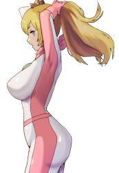 1girl adjusting_hair arms_behind_head ass blonde_hair blue_eyes bodysuit breasts cropped from_side highres large_breasts looking_at_viewer mario_(series) mario_kart mario_kart_wii nintendo open_mouth princess princess_peach solo third-party_edit yamamori_kinako rating:Sensitive score:28 user:spk
