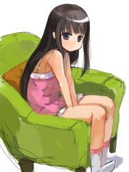  1girl armchair asasow bare_shoulders between_legs black_hair blunt_bangs blush camisole chair full_body hand_between_legs hizashi_no_naka_no_real long_hair looking_at_viewer own_hands_together purple_eyes simple_background sitting sketch solo tsutsumi_kinuka very_long_hair white_background  rating:Sensitive score:4 user:danbooru