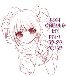  1girl bad_id bare_shoulders blush child copyright_request face foreshortening from_above hair_ribbon hard-translated kneeling looking_at_viewer monochrome off_shoulder oversized_clothes pointing pointing_at_viewer red_theme ribbon santa_matsuri sleeves_past_wrists smile solo third-party_edit translated truth twintails  rating:Sensitive score:63 user:StolenTranslations
