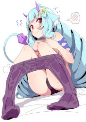  1girl animal_ears black_panties blue_hair blush clothes_pull delmin_(show_by_rock!!) drill_hair embarrassed highres horns light_blue_hair long_hair looking_at_viewer panties pantyhose pantyhose_pull pink_horns purple_pantyhose red_eyes show_by_rock!! sitting solo sweat tail tottotonero twin_drills underwear very_long_hair 