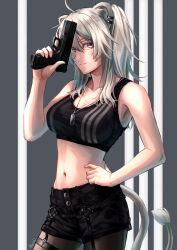  1girl animal_ear_piercing animal_ears black_pantyhose black_shorts black_tank_top breasts cleavage commentary_request cowboy_shot dog_tags double-parted_bangs garter_straps grey_background grey_eyes grey_hair gun hair_between_eyes hand_on_own_hip hand_up handgun hapchi highres holding holding_gun holding_weapon hololive lion_ears lion_girl lion_tail long_bangs long_hair looking_at_viewer medium_breasts navel pantyhose shirt shishiro_botan shishiro_botan_(1st_costume) shorts solo standing striped_background striped_clothes striped_shirt tail tank_top thigh_strap vertical-striped_clothes vertical-striped_shirt virtual_youtuber weapon weapon_request 