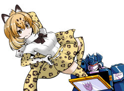  10s 1980s_(style) 1boy 1girl animal_ears blonde_hair bow bowtie breasts cannon crossover decepticon elbow_gloves fur_collar gloves highres huge_breasts insignia jaguar_(kemono_friends) jaguar_ears jaguar_print jaguar_tail kemono_friends large_breasts looking_at_viewer multicolored_hair name_connection oldschool red_eyes retro_artstyle shirt short_hair short_sleeves simple_background skirt smile soundwave_(transformers) tail thighhighs torii5011 transformers weapon white_background yellow_eyes 