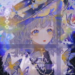  1girl artist_name asuuta barcode beads black_hat black_shirt blue_background blue_butterfly blue_eyes bow brown_hair bud bug butterfly chinese_commentary collared_shirt commentary_request earrings eyelashes flower frilled_hat frills fur_scarf hair_beads hair_ornament hat hat_bow hat_flower high_collar highres insect jewelry leaf_hat_ornament light_smile lipstick looking_ahead makeup medium_hair necklace original parted_lips pearl_necklace rainbow red_lips sample_watermark scarf shirt solo striped_bow teeth two-tone_eyes upper_body watermark wavy_hair weibo_watermark white_bow white_flower white_scarf yellow_eyes 