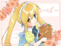  1girl alternate_costume artist_name basket blonde_hair blue_bow blue_eyes blush bow bread closed_mouth commentary_request copyright_name enmaided flower food from_above hair_between_eyes heterochromia holding holding_basket long_hair looking_at_viewer maid maid_headdress may_salamanya nakatsu_shizuru orange_flower pink_background puffy_short_sleeves puffy_sleeves rewrite shirt short_sleeves simple_background smile solo tareme twintails upper_body yellow_eyes yellow_shirt 