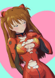  1girl blue_eyes blush bodysuit breasts closed_mouth curvy embarrassed hair_between_eyes hair_ornament highres interface_headset long_hair neon_genesis_evangelion pilot_suit plugsuit red_bodysuit shiny_clothes simple_background skin_tight solo souryuu_asuka_langley torn_bodysuit torn_clothes two_side_up very_long_hair wide_hips yukaplusjp 