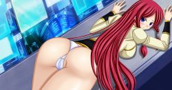 1girl arc_system_works ass backboob blazblue blue_eyes blush breasts cameltoe embarrassed female_focus from_behind hair_tubes highres large_breasts long_hair looking_back panties red_hair seraphina solo tsubaki_yayoi underwear uniform white_panties rating:Questionable score:14 user:armorcrystal