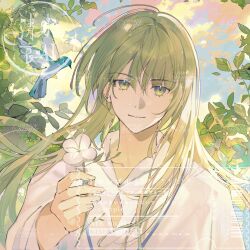  1boy bird blue_bird blue_sky chinese_commentary closed_mouth cloud collarbone collared_shirt commentary_request diamond_cutout enkidu_(fate) eyelashes fate/grand_order fate_(series) fingernails flower green_eyes green_hair hair_between_eyes highres holding holding_flower lips long_hair long_sleeves loose_hair_strand male_focus outdoors qingshui_ai sample_watermark shirt single_sidelock sky smile solo sunset tree upper_body very_long_hair watermark white_flower white_shirt white_sleeves 