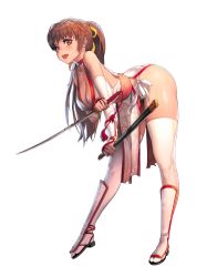  1girl ass bare_shoulders blush breasts bridal_gauntlets brown_eyes brown_hair choker cleavage collarbone dead_or_alive destiny_child elbow_gloves full_body gloves hair_ribbon highres holding holding_sword holding_weapon japanese_clothes kasumi_(doa) kim_hyung_tae leaning_forward looking_at_viewer medium_breasts ninja official_art open_mouth panties pelvic_curtain ponytail reverse_grip ribbon sandals sash sheath shiny_skin side_slit simple_background sleeveless smile solo sword thighhighs thighs underwear weapon white_background white_panties white_thighhighs  rating:Sensitive score:127 user:danbooru