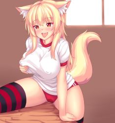  1girl absurdres animal_ear_fluff animal_ears black_thighhighs blonde_hair blush breasts buruma cat_ears clothed_masturbation commentary covered_erect_nipples crotch_rub desk drooling english_commentary female_ejaculation_through_clothes female_masturbation fox_ears fox_tail gluteal_fold grabbing_own_breast gym_shirt gym_uniform hand_on_table heart heart_in_eye highres indoors large_breasts leg_up long_hair masturbation masturbation_through_clothes nottytiffy original panties pussy_juice pussy_juice_stain red_buruma red_thighhighs shirt solo striped_clothes striped_thighhighs symbol_in_eye table_humping tail thighhighs thighs tiffy_(nottytiffy) tongue tongue_out torogao underwear wet wet_buruma wet_clothes wet_panties window  rating:Explicit score:124 user:danbooru