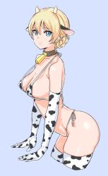 1girl animal_collar animal_ears animal_print bad_id bad_twitter_id bell bikini blonde_hair blue_background blue_eyes braid breasts closed_mouth collar commentary cow_ears cow_horns cow_print cow_print_bikini cropped_legs darjeeling_(girls_und_panzer) elbow_gloves from_side girls_und_panzer gloves horns kuppipi_ramutarou leaning_forward looking_at_viewer medium_breasts neck_bell print_bikini print_gloves print_thighhighs short_hair side-tie_bikini_bottom simple_background skindentation smile solo standing string_bikini swimsuit thighhighs white_bikini white_gloves white_thighhighs rating:Sensitive score:61 user:danbooru