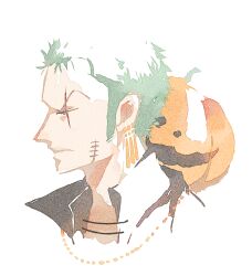 1boy chinese_commentary close-up collared_cape commentary_request earrings fish191101756 green_hair jewelry male_focus one_piece profile pumpkin roronoa_zoro scar scar_across_eye short_hair simple_background solo v-shaped_eyebrows white_background 