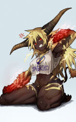 1girl absurdres anger_vein armpits barefoot blonde_hair blue_background breasts clenched_teeth commentary_request dark-skinned_female dark_skin denim denim_shorts ekrea_jan electricity fang hair_between_eyes highres horns humanization long_hair looking_at_viewer medium_breasts monster_girl monster_hunter_(series) muscular muscular_female navel on_ground parted_lips pointy_ears rajang red_eyes shadow shirt shorts simple_background sitting solo stomach tail teeth wariza white_shirt rating:Sensitive score:11 user:danbooru