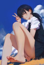  1girl absurdres barefoot between_legs black_dress black_eyes black_hair blue_sky chainsaw_man closed_mouth cloud collared_shirt commentary_request dress feet foot_out_of_frame fourth_east_high_school_uniform hand_between_legs hand_on_own_crotch highres legs looking_at_viewer mitaka_asa on_grass outdoors pinafore_dress ponytail school_uniform shirt short_sleeves sitting sky sleeveless sleeveless_dress solo thighs v white_shirt yao_liao_wang  rating:Sensitive score:51 user:danbooru