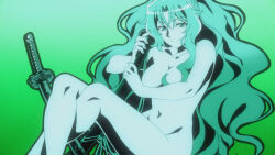  1girl anime_screenshot breasts closed_mouth completely_nude covering_breasts covering_privates crossed_legs feet_out_of_frame green_background hair_between_eyes highres holding holding_sheath katana large_breasts long_bangs long_hair looking_at_viewer monochrome navel non-web_source nude official_art screencap sheath sitting slit_pupils smile solo stomach sword tomoe_(tsuki_ga_michibiku_isekai_douchuu) tsuki_ga_michibiku_isekai_douchuu very_long_hair weapon  rating:Questionable score:33 user:danbooru