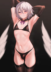  1boy armpits arms_behind_head arms_up bikini black_background black_bikini blurry blurry_foreground blush bulge covered_erect_nipples cowboy_shot crossdressing elbow_gloves fate/grand_order fate_(series) gloves gradient_background grey_background grey_hair hair_between_eyes highres looking_at_viewer male_focus medium_hair navel neck_ribbon parted_lips prince_of_lan_ling_(fate) purple_eyes ribbon sidelocks solo standing stomach sweat sweatdrop swimsuit teeth thighhighs thighs trap ulrich_(tagaragakuin)  rating:Questionable score:82 user:danbooru