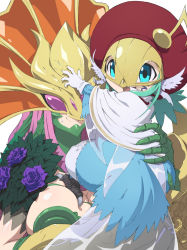  :d blue_eyes breasts ceresmon ceresmon_medium claws cleavage deep_skin digimon digimon_(creature) feathers female_focus flower gloves hat head_wings helmet large_breasts long_hair mask monster_girl olympos_xii open_mouth petals pink_hair purple_eyes sasasi sirenmon size_difference smile sweat sweatdrop talons wings  rating:Questionable score:2 user:Chaos11