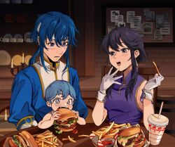  +_+ 1boy 2girls :d :o absurdres baby black_hair bulletin_board burger cheese commission commissioner_upload earrings eating family fast_food father_and_daughter fire_emblem fire_emblem:_genealogy_of_the_holy_war food food_on_face food_wrapper french_fries gloves headband highres holding holding_burger holding_food if_they_mated jewelry ketchup larcei_(fire_emblem) lettuce long_hair looking_at_another mother_and_daughter multiple_girls nintendo open_mouth original purple_tunic seliph_(fire_emblem) shelf short_hair sitting smile soda sweatdrop table teeth tomato tomato_slice tunic uneasywolf white_headband 