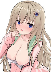  1girl 9-nine- absurdres blue_eyes blush breasts breasts_out cardigan cleavage clothes_pull collarbone embarrassed eyes_visible_through_hair full-face_blush gear_hair_ornament hair_between_eyes hand_up highres kujou_miyako large_breasts light_brown_hair long_hair looking_at_viewer nipples no_bra open_cardigan open_clothes open_mouth pink_cardigan raised_eyebrows school_uniform shirt shirt_pull simple_background sketch sleeves_past_wrists solo star_(symbol) sweat takoyaki032002 very_long_hair white_background white_shirt wing_hair_ornament 