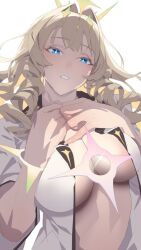  1girl blonde_hair blue_eyes breasts crown_(naked_king)_(nikke) crown_(nikke) diadem drill_hair fake_nails goddess_of_victory:_nikke grin hair_ornament hand_on_own_chest headgear ion_(cation) large_breasts long_hair looking_at_viewer open_clothes open_shirt shirt smile solo white_shirt 
