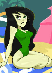  1girl beach beach_chair black_hair breasts casual_one-piece_swimsuit colored_skin commentary day disney english_commentary green_eyes green_one-piece_swimsuit green_skin highleg highleg_swimsuit highres kim_possible_(series) long_hair looking_at_viewer medium_breasts newguy1091 one-piece_swimsuit sand shego sitting solo swimsuit toon_(style) 