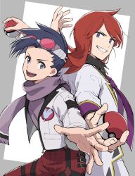  2boys :d alternate_costume black_hair black_shirt collared_shirt commentary_request cowlick creatures_(company) ethan_(pokemon) ethan_(sygna_suit)_(pokemon) game_freak goggles grey_eyes grin highres holding holding_poke_ball jacket long_hair looking_at_viewer male_focus mocollie multiple_boys necktie nintendo open_mouth pants poke_ball poke_ball_(basic) pokemon pokemon_masters_ex purple_necktie red_hair red_pants scarf shirt short_hair silver_(champion)_(pokemon) silver_(pokemon) smile teeth tongue white_jacket 