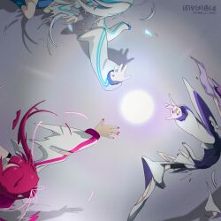  3girls absurdres album_cover blue_hair blue_nails copyright_name cover denonbu distortion grey_background group_name highres kanou_hikari light long_sleeves mendakoanime multicolored_hair multiple_girls nail_polish neneruneru official_art outstretched_arm pink_hair pink_nails puffy_long_sleeves puffy_sleeves purple_hair purple_nails reaching second-party_source song_name streaked_hair surreal white_hair yanami_rain 