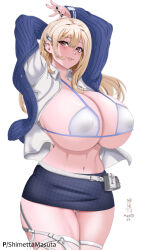  1girl arm_behind_head arms_up belt_pouch blonde_hair blue_bow blue_bowtie blue_jacket blush bowtie breasts brown_eyes cleavage collared_shirt goddess_of_victory:_nikke hair_ornament huge_breasts jacket long_hair microskirt mole mole_under_eye multiple_rings navel nipples_through_clothes off-shoulder_jacket off_shoulder open_clothes open_shirt panties pantyshot pencil_skirt pouch puffy_sleeves ring shimetta_masuta shirt skirt sleeves_past_wrists solo strap thighs tia_(nikke) underwear white_panties white_shirt 