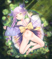 1girl absurdres breasts cleft_of_venus closed_eyes gachigachi highres japanese_clothes kyoka_(princess_connect!) loli nipples no_panties open_clothes outdoors peeing pointy_ears princess_connect! purple_hair pussy sleeping small_breasts twintails uncensored rating:Explicit score:154 user:akarin_akari