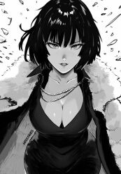  1girl artist_name breasts cleavage collared_dress dress fubuki_(one-punch_man) greyscale jewelry looking_at_viewer miss_faves monochrome necklace one-punch_man short_hair smile solo white_background 