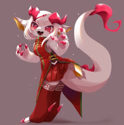  1girl animal_ears china_dress chinese_clothes chinese_zodiac claws colored_skin digitigrade dragon_ears dragon_girl dragon_horns dragon_tail dress fangs fewer_digits from_side full_body furry furry_female haineko_05 highres horns original pink_eyes pleated_skirt purple_background red_dress red_skirt red_thighhighs simple_background skirt skirt_under_dress sleeveless solo standing tail teeth thighhighs white_hair white_skin year_of_the_dragon  rating:Sensitive score:4 user:danbooru