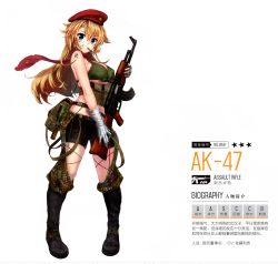  1girl absurdres ak-47_(girls&#039;_frontline) beret blonde_hair blue_eyes boots bullet explosive full_body girls&#039;_frontline gloves glycyrrhizae grenade gun hammer_and_sickle hat highres looking_at_viewer magazine_(weapon) mouth_hold official_art rifle scarf shorts solo tattoo weapon white_background 