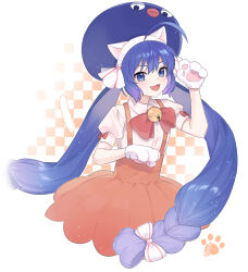  1girl ahoge alternate_costume animal_ears animal_hands bell blue_eyes blue_hair blue_hat bow bowtie cat_ears cat_paws checkered_background collared_shirt commentary_request eel_hat fake_animal_ears fang hair_between_eyes hair_bow hat highres large_hat long_hair looking_at_viewer low-braided_long_hair low-tied_long_hair low_twintails open_mouth orange_skirt otomachi_una paw_pose red_bow shirt short_sleeves skirt smile solo suiso_sn3 suspender_skirt suspenders teeth twintails upper_body upper_teeth_only very_long_hair vocaloid white_background white_bow white_shirt 