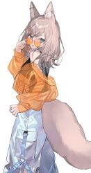  1girl :p animal_ear_fluff animal_ears baggy_pants bare_shoulders black_shirt blue_eyes closed_mouth crop_top cropped_jacket ear_piercing feet_out_of_frame fox_ears fox_girl fox_tail grey_hair highres jacket long_hair midriff off_shoulder open_clothes open_jacket orange-tinted_eyewear orange_jacket original pants piercing round_eyewear see-through see-through_jacket shirt shugao simple_background sleeveless sleeveless_shirt smile solo sunglasses tail tinted_eyewear tongue tongue_out white_background white_pants 