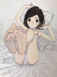 1girl barefoot brown_eyes brown_hair camisole feet foot_focus full_body head_on_pillow highres legs_up looking_at_viewer lying on_back original panties short_hair soles solo traditional_media tsuntsuke underwear underwear_only white_camisole white_panties rating:Questionable score:85 user:danbooru