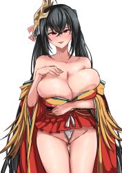  1girl areola_slip azur_lane black_hair blush breasts bursting_breasts cameltoe cleavage cleft_of_venus clothes_lift hair_ornament huge_breasts japanese_clothes kimono long_hair mask mask_on_head nikomiudon_06 open_mouth pubic_hair red_eyes red_kimono skirt skirt_lift solo standing taihou_(azur_lane) thigh_gap twintails very_long_hair 