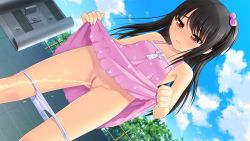 1girl absurdres adachi_tenka black_hair blush brown_eyes clothes_lift cloud cube_hair_ornament dress dress_lift dutch_angle from_below game_cg hair_bobbles hair_ornament highres loli long_hair looking_down nonohara_miki one_side_up outdoors panties panty_pull peeing pink_dress public_indecency public_nudity pussy shoujo_ramune side_ponytail sky sleeveless solo standing uncensored underwear white_panties rating:Explicit score:276 user:puffer_fish