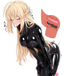  1girl absurdres ahoge anal anal_object_insertion blonde_hair bodysuit breasts cross-section dildo double_dildo double_penetration highres large_breasts latex latex_bodysuit maguro27 object_insertion original sex_toy skin_tight standing_double_penetration vaginal vaginal_object_insertion 