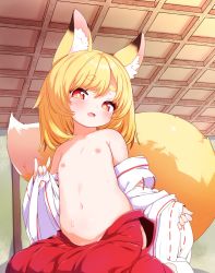  1girl animal_ear_fluff animal_ears blush commentary_request commission done_(donezumi) fang female_focus flat_chest fox_ears fox_girl fox_tail highres indoors japanese_clothes loli looking_at_viewer medium_hair miko nipples open_mouth orange_eyes original skeb_commission skin_fang solo sweat tagme tail thick_eyebrows topless  rating:Questionable score:239 user:danbooru