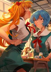  1boy 2girls :| abe_shinzou absurdres armpit_crease armpit_peek armpits ayanami_rei blue_hair brown_hair closed_mouth commentary cup desk english_commentary expressionless highres ikari_shinji implied_pregnancy indoors khyle. looking_at_another multiple_girls neon_genesis_evangelion orange_hair pill_bottle portrait_(object) pregnancy_test red_eyes school_desk school_uniform short_hair slap_mark slap_mark_on_face slapping souryuu_asuka_langley tokyo-3_middle_school_uniform twintails water  rating:General score:74 user:danbooru