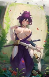  1girl flashing kunoichi nipples ponytail purple_hair smile  rating:Explicit score:20 user:Runesis