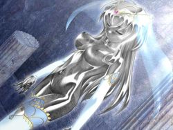  1girl branmarker breasts crystal elbow_gloves closed_eyes fantasy female_focus game_cg geena gloves leggings navel nipples nude petrification recolor ruins sawano_takaji see-through solo thighhighs third-party_edit tiara transparent  rating:Questionable score:47 user:relic