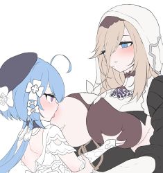  2girls age_difference aponia_(honkai_impact) back beret blue_eyes blue_hair blush breast_curtain breast_sucking breasts brown_hair daram_(shappydude) female_focus flat_color grabbing grabbing_another&#039;s_breast griseo griseo_(starry_impression) hair_ornament hat honkai_(series) honkai_impact_3rd korean_commentary large_breasts loli long_bangs looking_at_another mole mole_under_eye multiple_girls nun one_breast_out onee-loli parted_lips purple_eyes simple_background sketch tongue veil white_background yuri  rating:Questionable score:118 user:danbooru