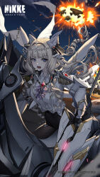  blonde_hair blue_eyes cropped crown_(nikke) dress drill_hair explosion gauntlets goddess_of_victory:_nikke gun hair_intakes highres horseback_riding long_hair long_sleeves looking_at_viewer lower_teeth_only machine_gun non-humanoid_robot official_art open_mouth outdoors rapture_(nikke) riding robot robot_animal second-party_source sidelocks teeth tongue trombe_(nikke) weapon white_dress 
